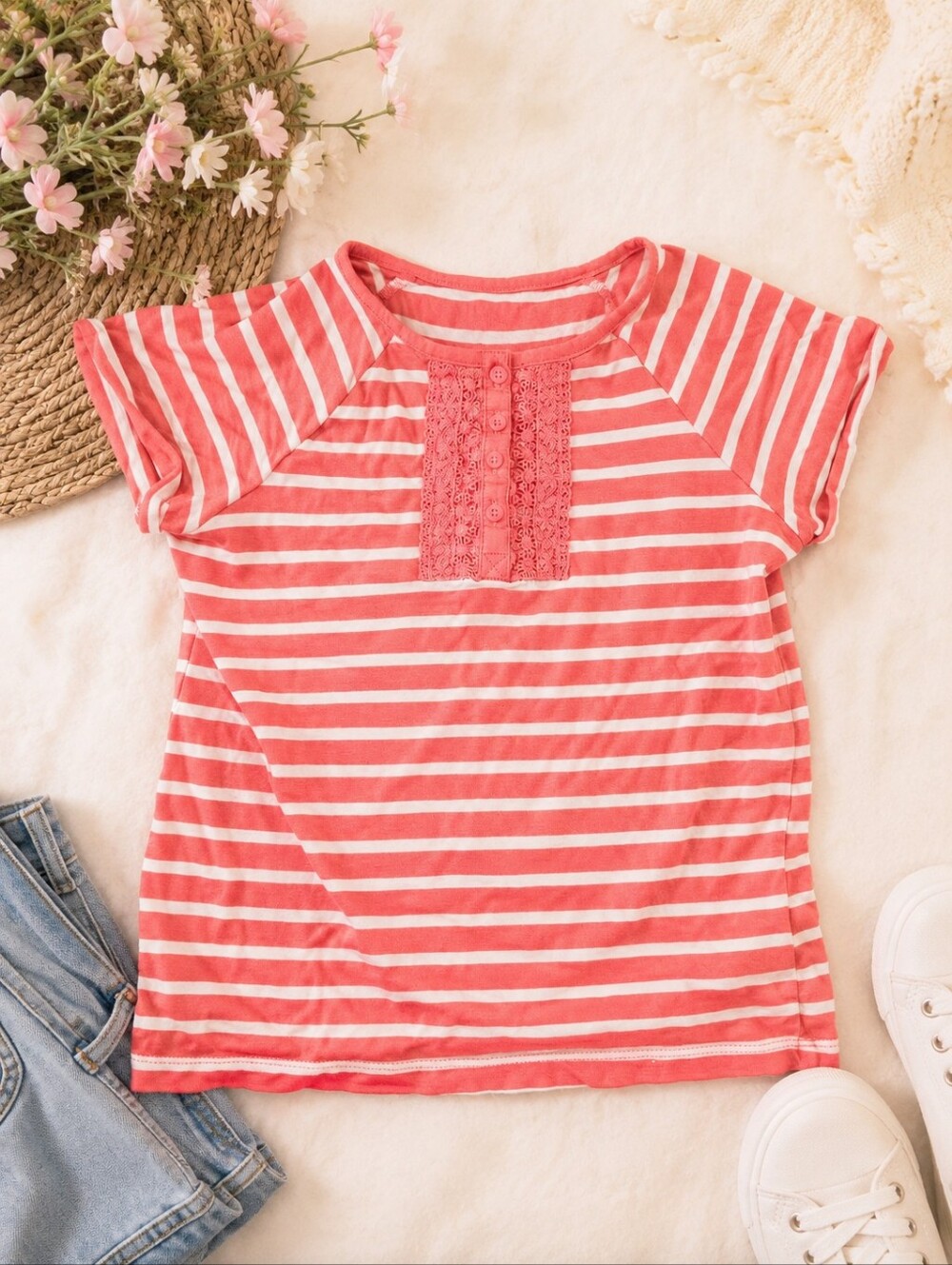OshKosh B'gosh Pink & White Striped Short Sleeve Tee with Lace Placket
